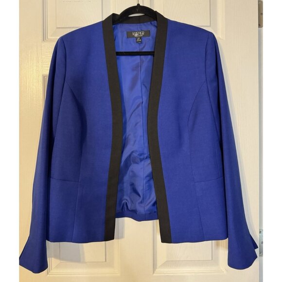 Kasper Suit Jacket Blazer 12 Blue Black Trim Open Front Classic Career Polyester - Picture 2 of 10